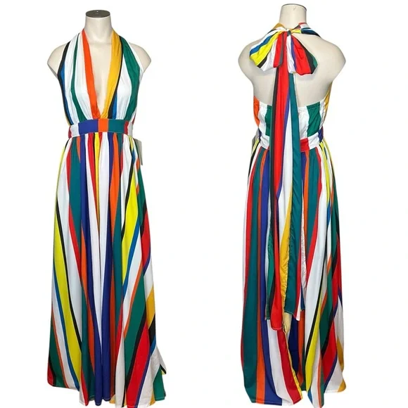 BOSTON PROPER sz 2 Pleated Wild Halter Maxi Sundress Multi - Picture 6 of 15